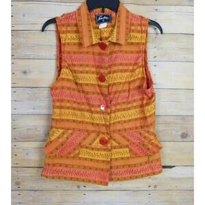 Vintage Sweet Suit Shirt 12 Large Yellow Red Stripes Sleeveless Button Down